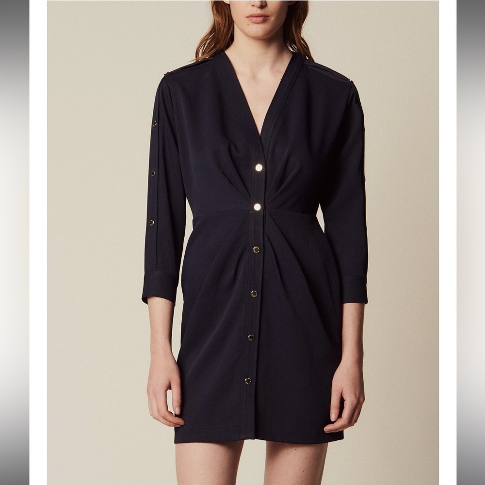 Sandro Paris Karmelia Navy Gold Button Front Sleeve Dress 3/4 Sleeve Size 40 - Picture 3 of 11